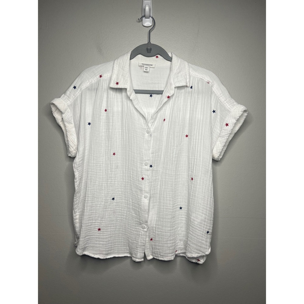 Beachlunchlounge White Cotton Gauze Star Embroidered Button Down Camp Shirt Sz S